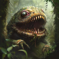 A Tolnep creature with menacing fangs stands in a dense, green forest, its mouth open in a frightening smile, highlighting the quote: a Tolnep smile was a bit frightening since their fangs were poison.