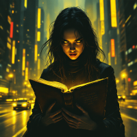 A mysterious figure with glowing eyes reads an ancient book in a neon-lit city, embodying the quote about control over time and reality. The atmosphere is dark and intriguing.