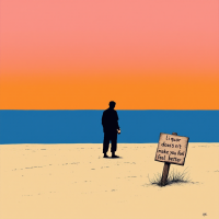 A silhouette of a person stands on a beach at sunset, gazing at the ocean beside a sign that reads, Liquor doesn’t make you feel better. The scene evokes contemplation and reflection.