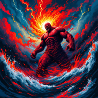 A muscular figure stands assertively in turbulent waves, radiating fiery red energy, embodying the intensity of anger as described in the quote about its dangerous nature.