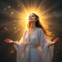 A woman in a flowing white robe stands with arms raised, illuminated by a radiant golden glow and shimmering light, embodying the quote: Hope is the strongest magic of all.