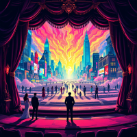 A vibrant theatrical scene depicting a cityscape at sunset, with silhouetted figures standing on stage, embodying the quote about life as a performance.