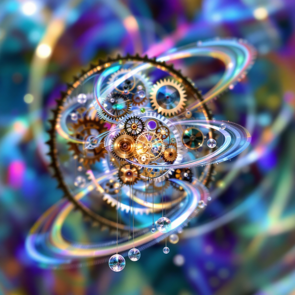 A swirling cosmic design features intricate gears and sparkling orbs, representing the complexity and interconnectedness of questions and answers.