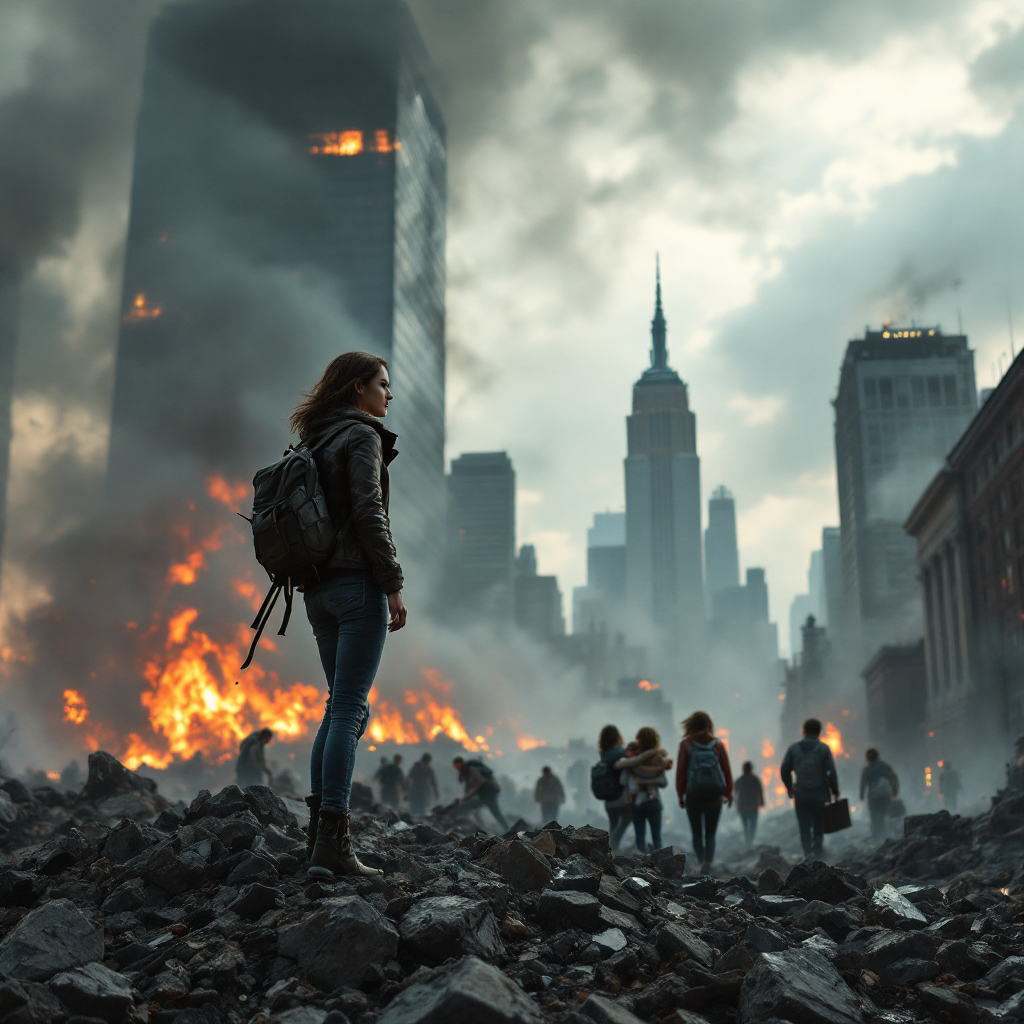 A figure stands amidst a chaotic urban landscape, with flames engulfing buildings and a crowd navigating through debris, embodying the quote about finding opportunity in chaos.