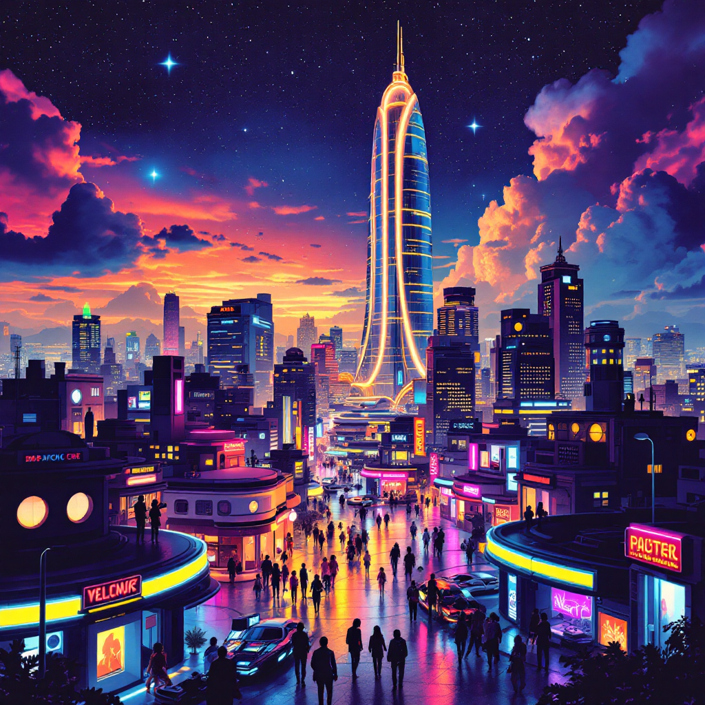 A vibrant cityscape at twilight, featuring a towering futuristic skyscraper, with people walking amidst glowing neon lights under a starry sky, embodying dreams built on the past.