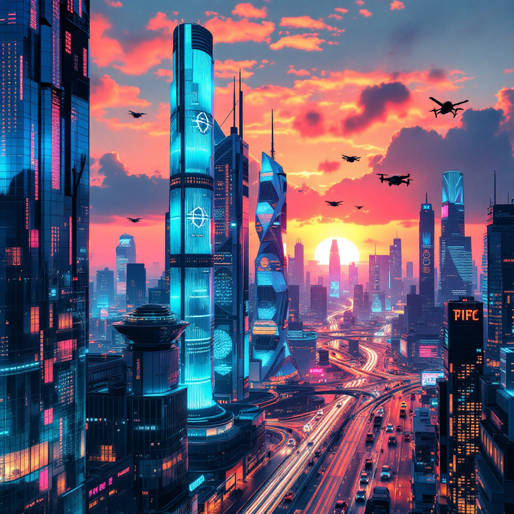 A vibrant futuristic city at sunset, featuring sleek skyscrapers with glowing blue lights, flying drones, and a bustling roadway, illustrating a vision for a new approach to urban life.