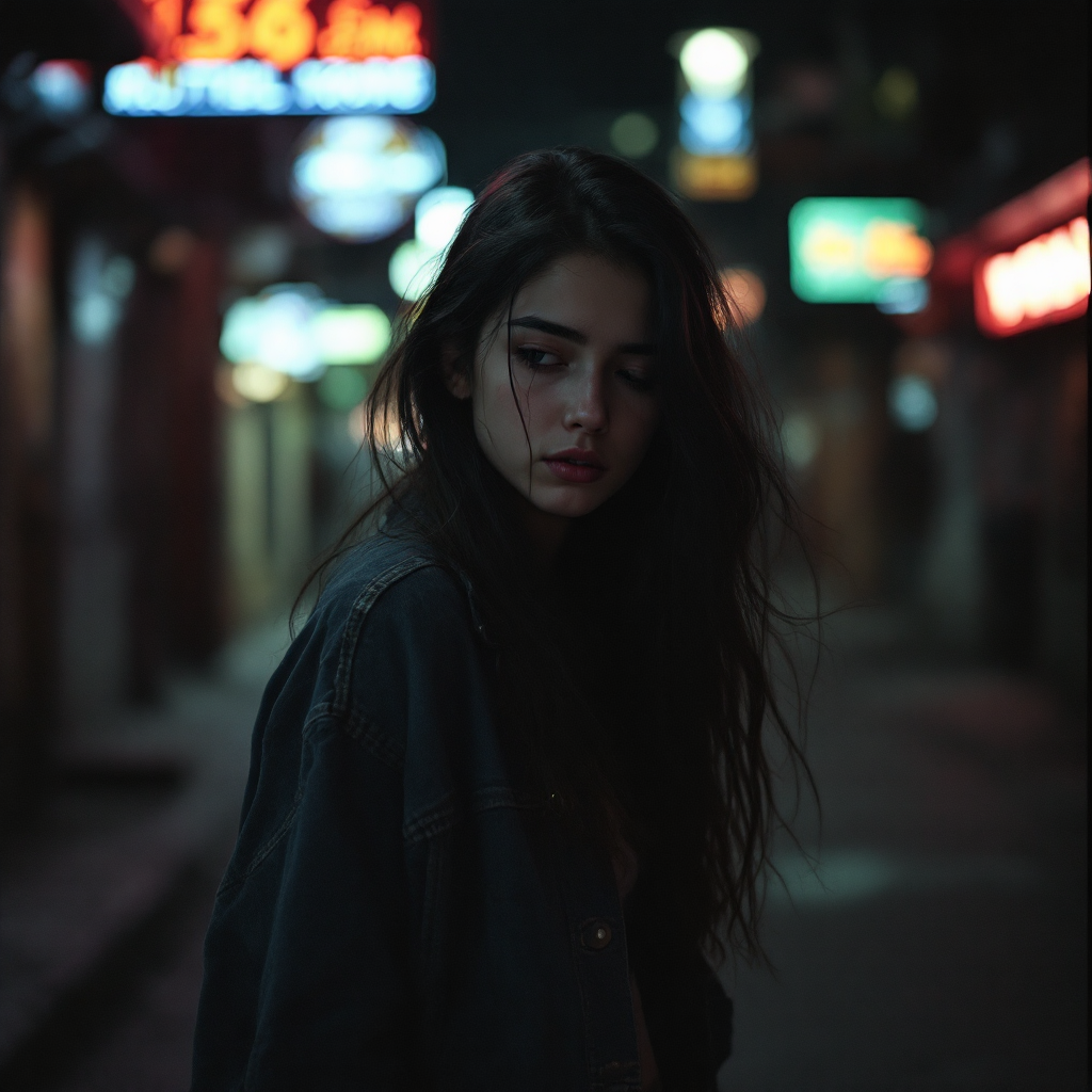 A young woman stands in a dimly lit alley, her expression reflecting contemplation and introspection, illuminated by colorful neon signs, embodying the quote about unpopularity.