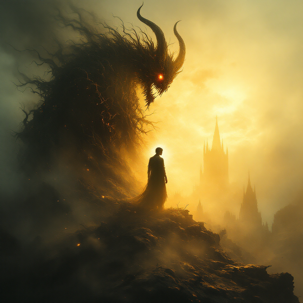 A figure stands bravely against a towering demon, surrounded by smoky darkness, as a distant castle looms. The image captures the struggle between humanity and monstrous forces.