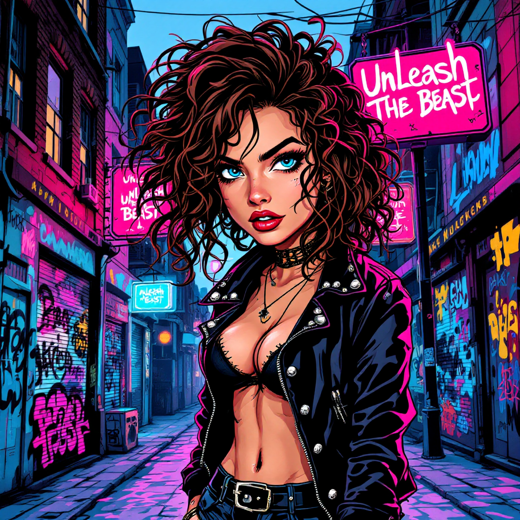 A vibrant illustration of a fierce girl with curly hair wearing a stylish black leather jacket, standing confidently in a colorful, graffiti-filled urban alley, embodying the wild spirit within.