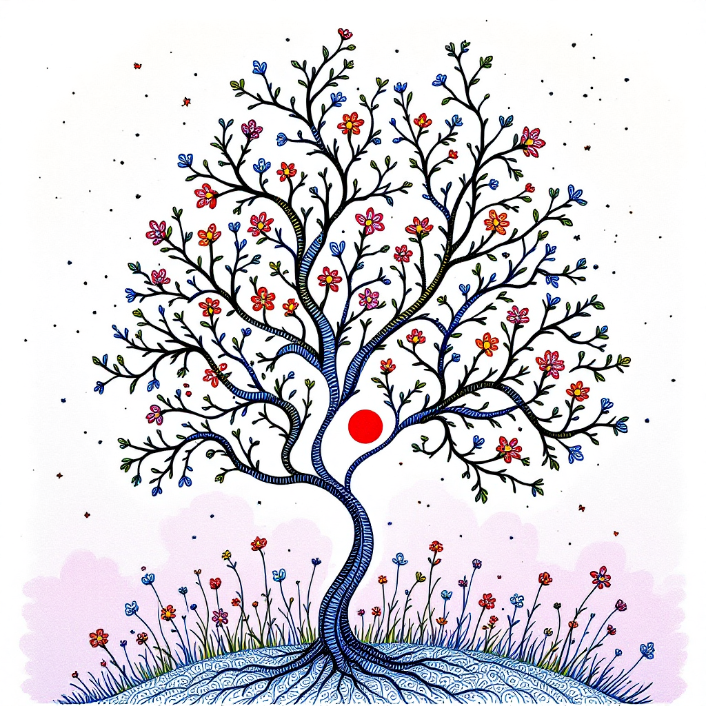 A vibrant, stylized tree with intricate branches and colorful flowers, symbolizing life's fleeting beauty and the importance of living fully. A single red circle adds a striking focal point.