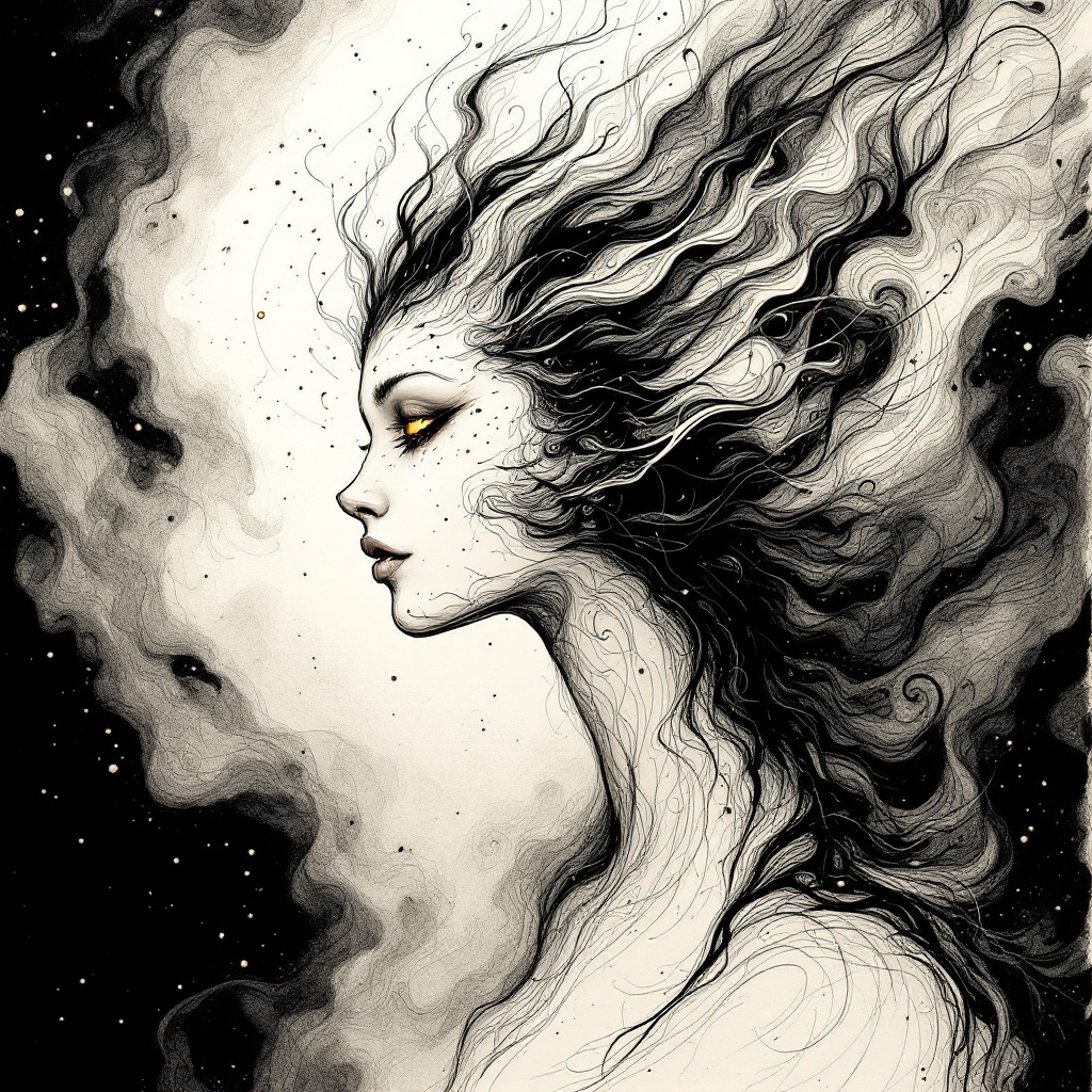 A beautifully illustrated figure with flowing hair and ethereal features, set against a dark background, embodies a sense of divinity and mysticism.