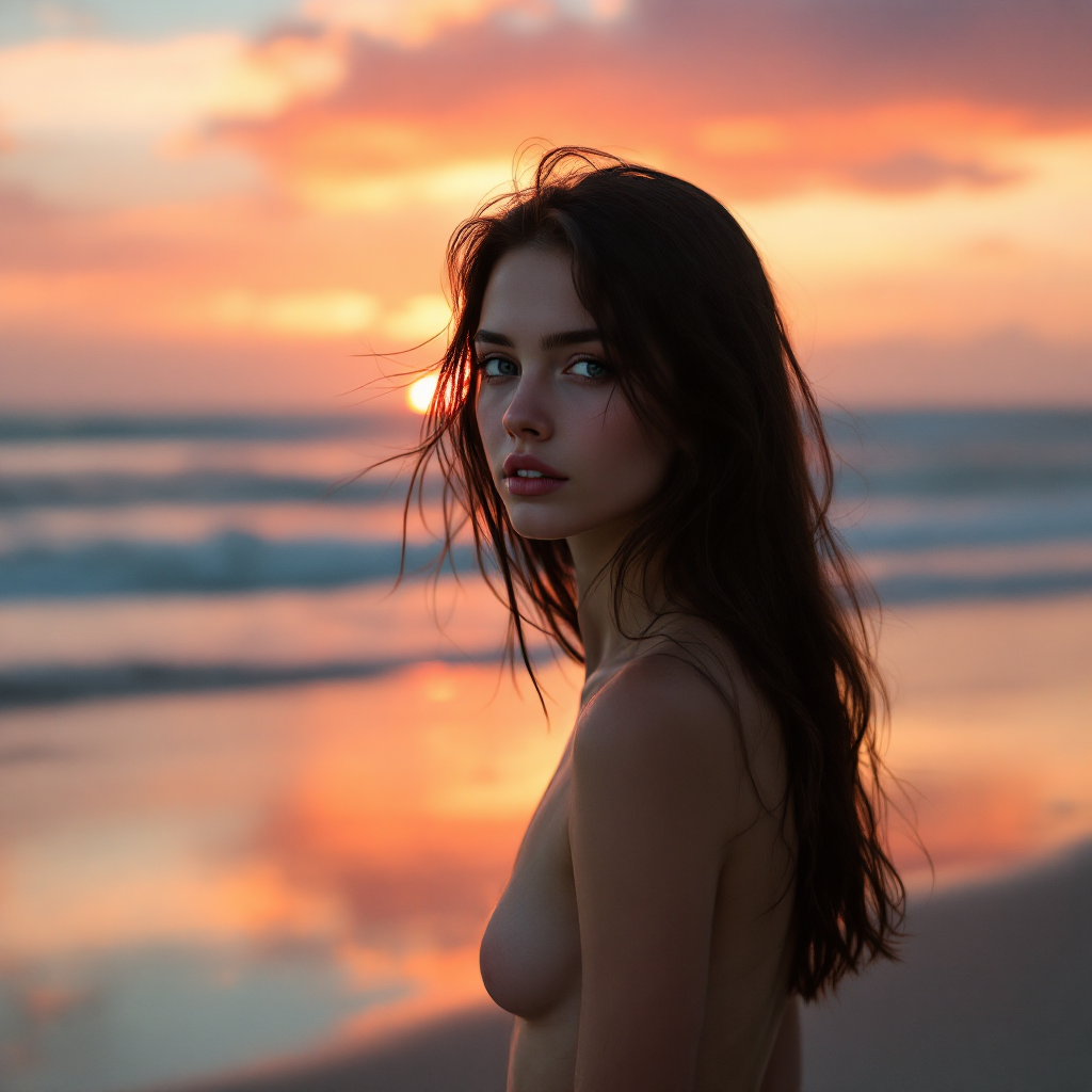 A young woman gazes thoughtfully at the horizon, with a vibrant sunset reflecting on the water, capturing the essence of the quote: You can’t run away from your heart.