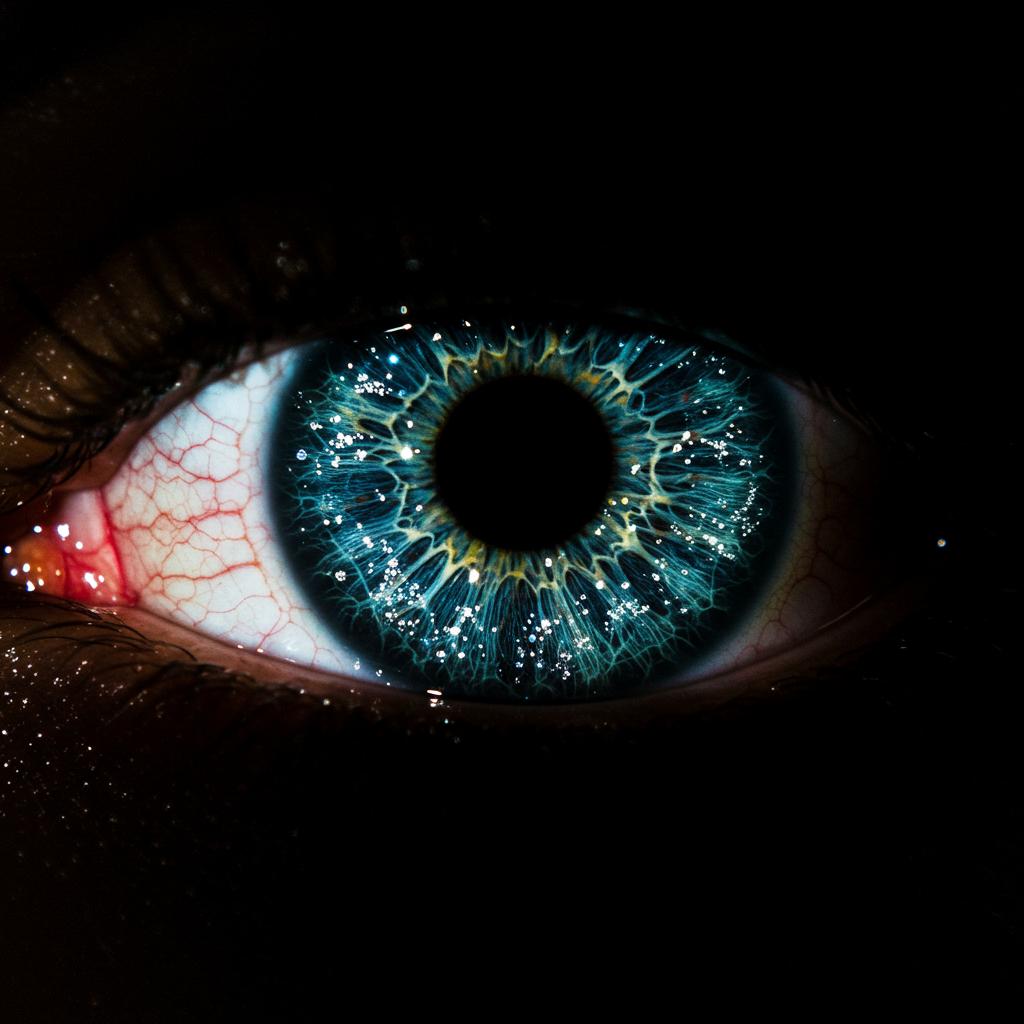 A close-up of an eye with a vibrant blue iris, shimmering with sparkles that evoke the dazzling imagery of diamonds, contrasting against a dark background.