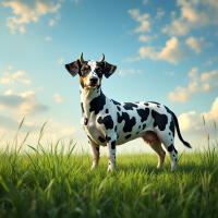 A playful dog with a unique black and white spotted coat stands confidently in a lush green field under a blue sky adorned with fluffy clouds, embodying the spirit of continuous improvement.