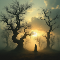 A misty landscape features twisted, barren trees silhouetted against a glowing sunset, embodying the haunting tension between reality and nightmare, as shadows loom in the fading light.