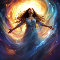 A woman in a flowing gown stands with outstretched arms against a vibrant cosmic backdrop, symbolizing the powerful interplay of hope and fear.