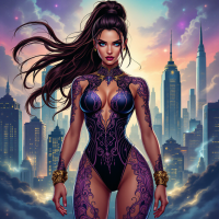 A powerful figure exudes confidence in a striking black and purple outfit adorned with intricate patterns, set against a vibrant city skyline, embodying femininity and strength.