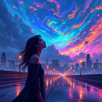 A woman gazes upward, awe-struck by vibrant, swirling clouds illuminating a twilight cityscape, embodying the quote, “A single dream is more powerful than a thousand realities.”