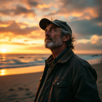 A thoughtful man gazes upward against a vibrant sunset at the beach, embodying the quote about the hidden child within every real man yearning to play.