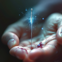 A hand holds a shimmering needle amidst droplets of blood, symbolizing the fragility of trust and the wounds it can leave when broken.