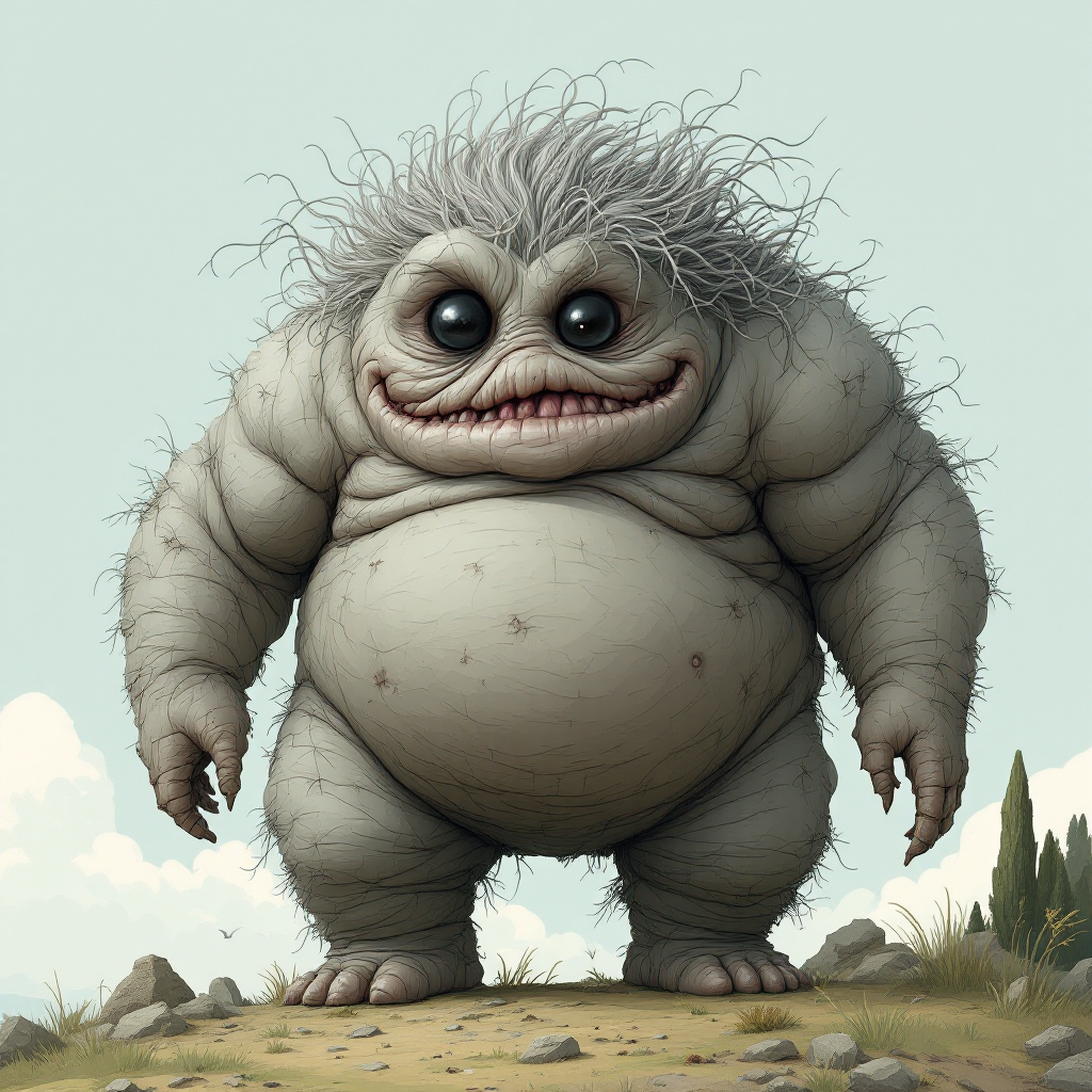 A bulbous, shapeless creature with a round body, large eyes, and wild, gray hair stands in a landscape, embodying the plain plug-ugly description of a Bolbod.