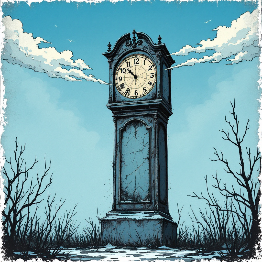 A tall, ornate clock tower stands in a desolate landscape under a bright blue sky, striking thirteen, embodying the quote: It was a bright cold day in April.