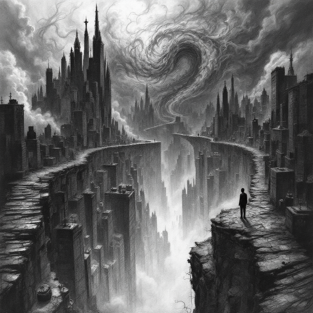 A lone figure stands at the edge of a cliff, overlooking a vast, surreal landscape of towering cities and swirling clouds, symbolizing the tension between logic and the chaotic universe.