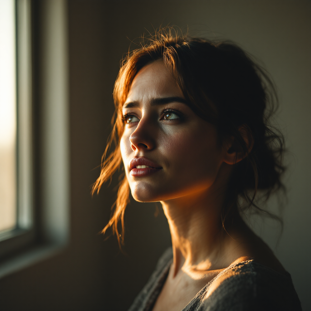 A woman gazes thoughtfully out a window, bathed in warm light, reflecting a mix of trust and vulnerability, encapsulating the theme of deep emotional pain from those close to us.