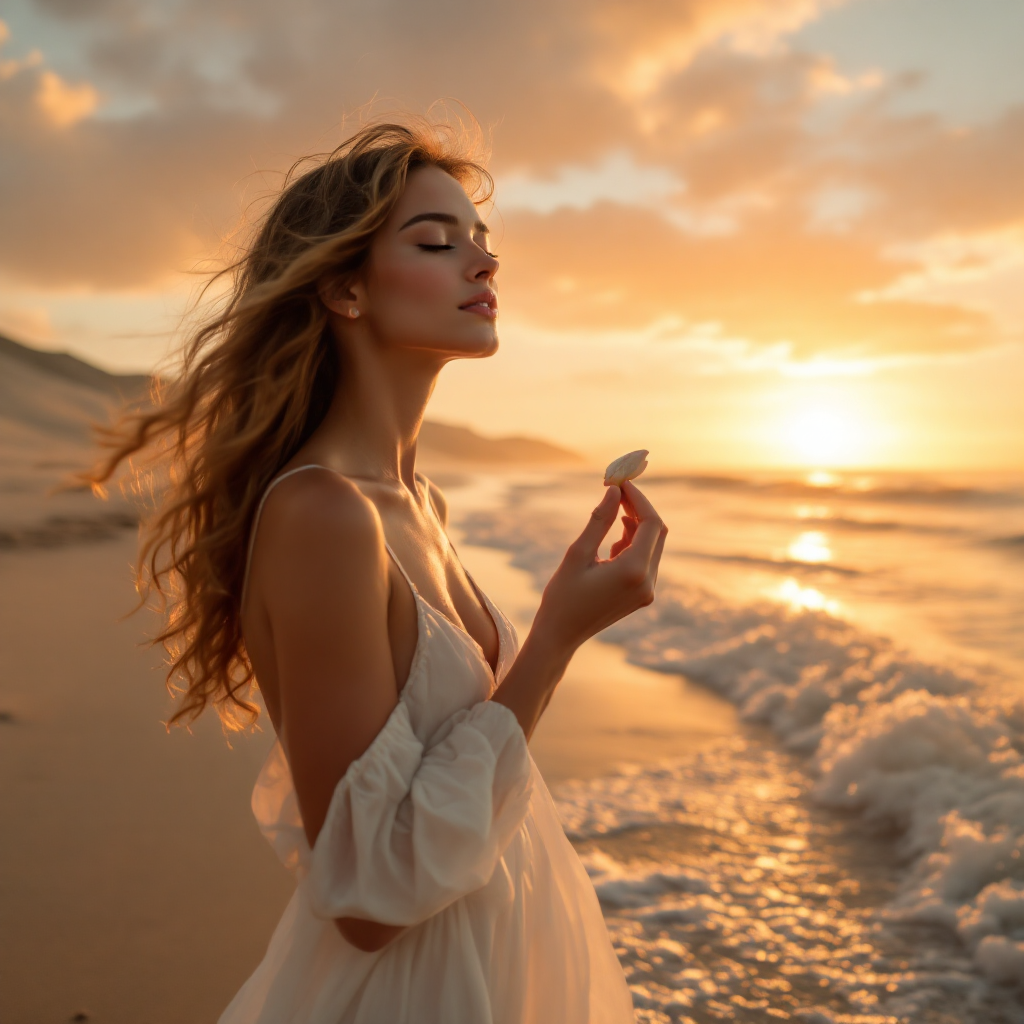 A woman in a flowing white dress gazes thoughtfully at a seashell in her hand, with a sunset illuminating the beach, embodying the sentiment that love is about appreciation, not possession.