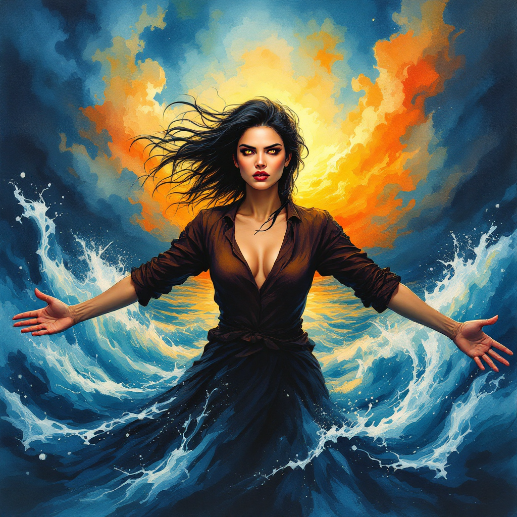 A confident woman stands amidst tumultuous waves, arms outstretched, with a fiery sunset behind her. The image embodies resilience and strength in the face of adversity.