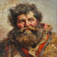 A stout, pot-bellied man of about forty with a wide, cherubic face, surrounded by a curly beard and sideburns. His twinkling, jocular eyes contrast with his rough appearance.