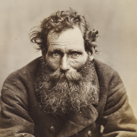 A stout, pot-bellied man in his forties with a wide, cherubic face, curly beard and sideburns. His twinkling, jocular eyes contrast with his stern demeanor.
