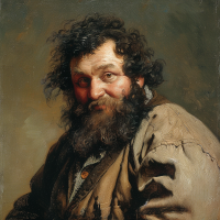 A stout, pot-bellied man of about forty with a wide face, dense curly beard, sideburns, and fringe. His twinkling, jocular eyes hint at a lost agreeableness.