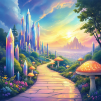 A vibrant landscape features a winding path through lush greenery, towering crystal formations, and colorful mushrooms, evoking a labyrinth of possibilities under a radiant sunset.