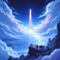 A group of silhouetted figures stands on a rocky outcrop, gazing at a majestic crystalline tower rising through vibrant clouds over a tranquil sea under a starry sky.