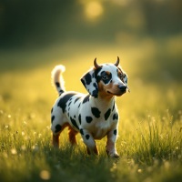 A playful dog with a spotted coat and small horns strolls through a sunlit field, embodying the spirit of breaking free from conventional expectations.