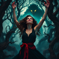 A woman in a dark dress with a red ribbon extends her arms in a shadowy forest, embracing a lurking creature, symbolizing the quote about accepting one's inner monster.