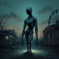 A towering, faceless figure stands in an eerie, desolate amusement park, surrounded by shadows, embodying the quote about hidden fears lurking in the darkness.