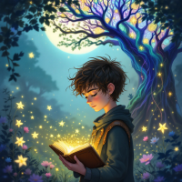 A young person stands in a magical forest, reading a glowing book under a bright moon, surrounded by twinkling stars and colorful flowers, reflecting on self-discovery.