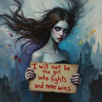 A somber young woman with flowing dark hair stands against a misty cityscape, holding a sign that states, I will not be the girl who fights and never wins, conveying defiance and strength.