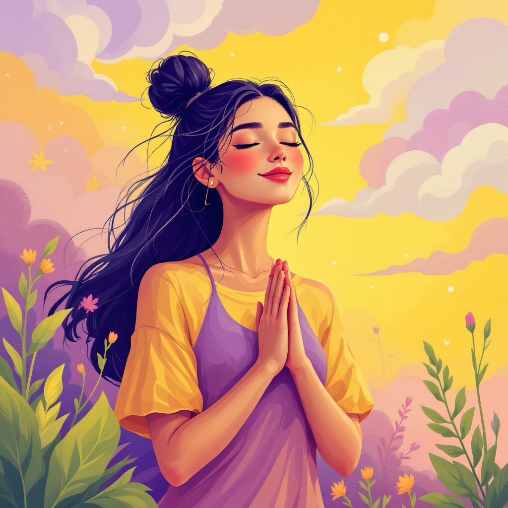 A serene young woman with long, flowing hair stands with her hands together in prayer, surrounded by vibrant flowers and a colorful sky, embodying the essence of self-improvement and positive habits.