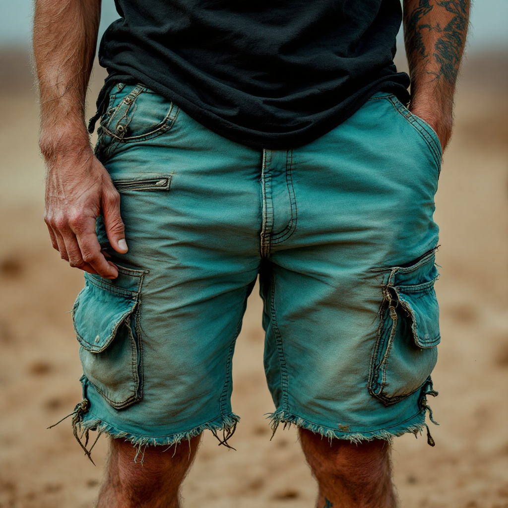 A man stands barefoot in faded turquoise biker shorts with sagging pockets, paired with a frayed black T-shirt, resembling a delinquent grandfather in a rugged outdoor setting.