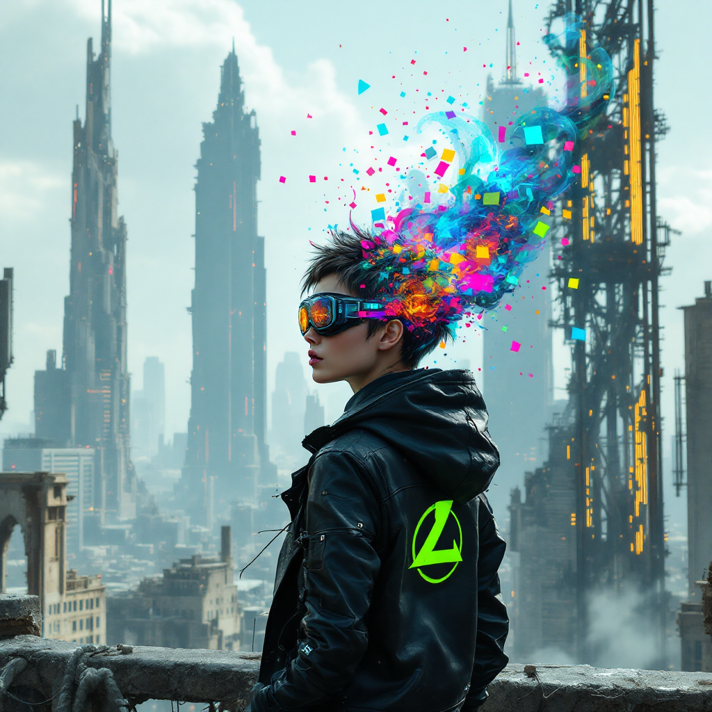 A person in a futuristic city gazes into the distance, colorful particles erupting from their head, symbolizing hope as a rebellion against impossible odds.