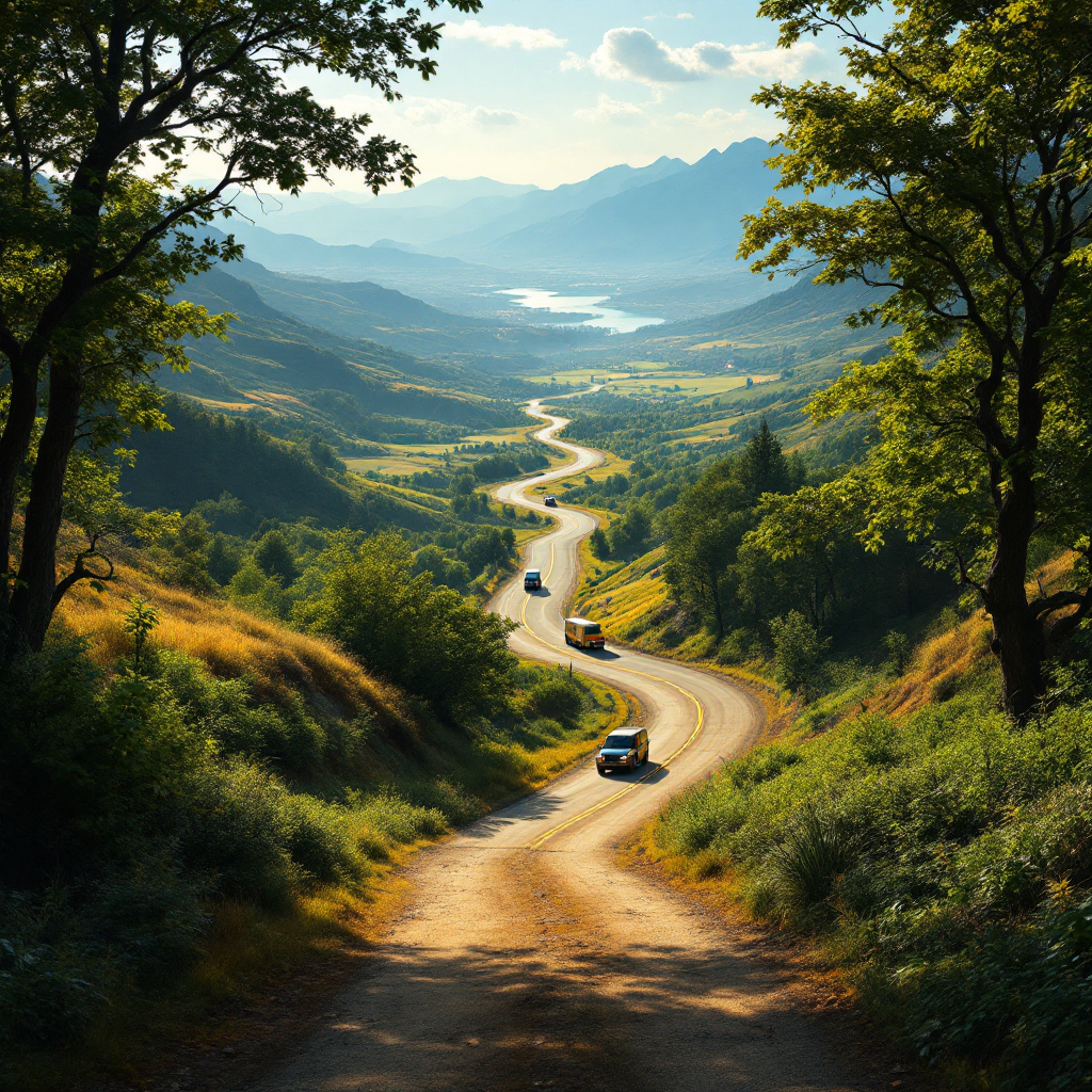 A winding road meanders through a lush green landscape, flanked by trees and mountains, leading towards a distant valley, embodying the journey to the whole world.