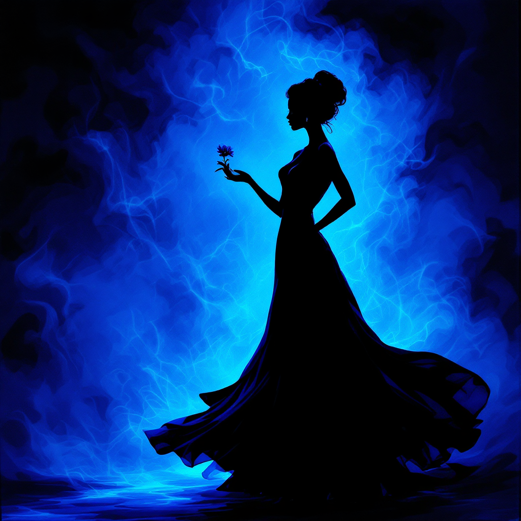 A silhouette of a woman in an elegant dress, holding a rose, stands against a swirling blue background, embodying themes of acceptance and change.