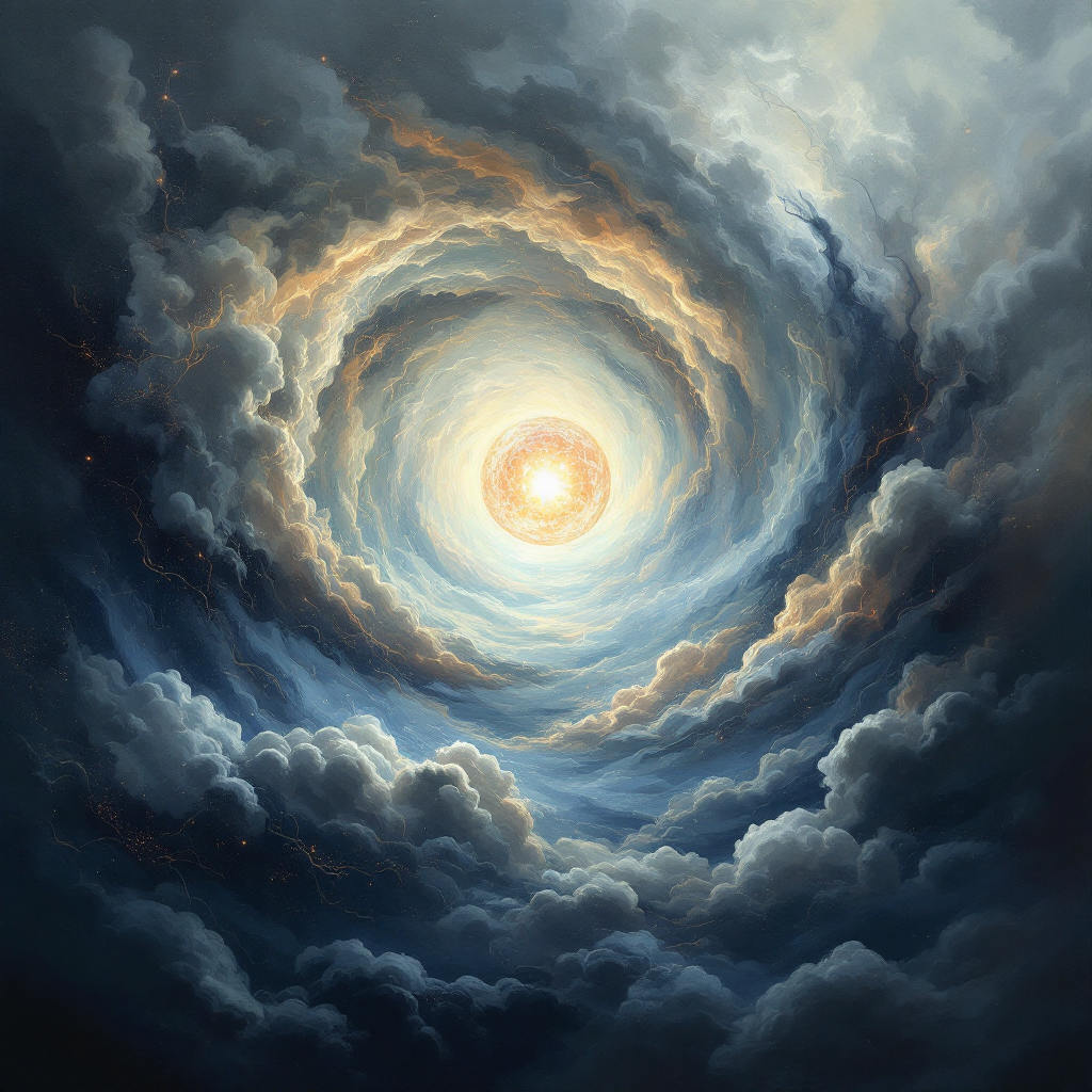 A swirling vortex of clouds spirals toward a radiant sun at the center, symbolizing the journey of uncovering hidden truths from the past to understand the present.