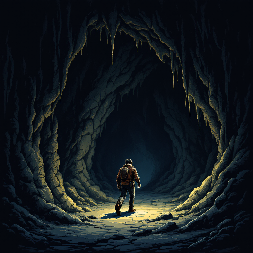 A lone figure walks through a dark, cavernous passageway, illuminated by a faint light ahead, embodying the essence of perseverance amid uncertainty.