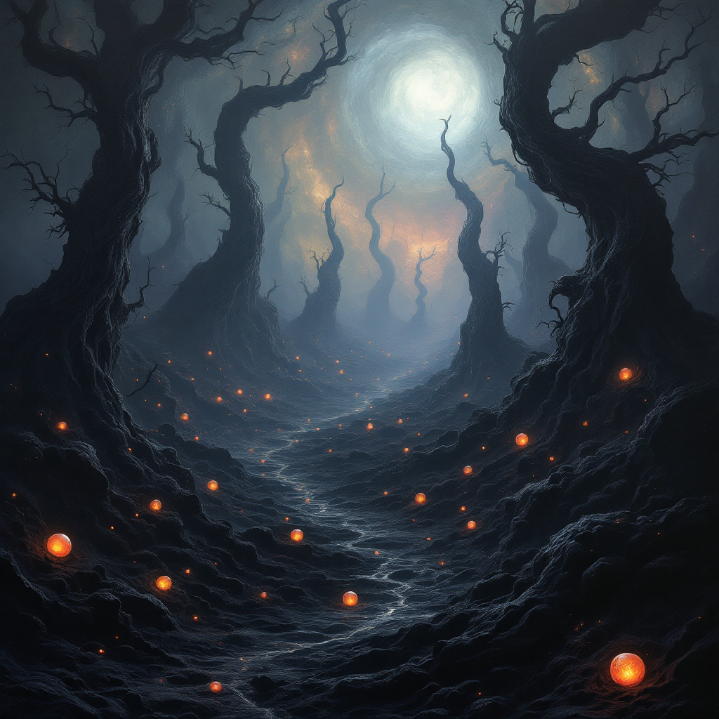 A dark, twisted forest path illuminated by glowing orbs under a hauntingly bright moon, embodying the essence of the blackness of the world.