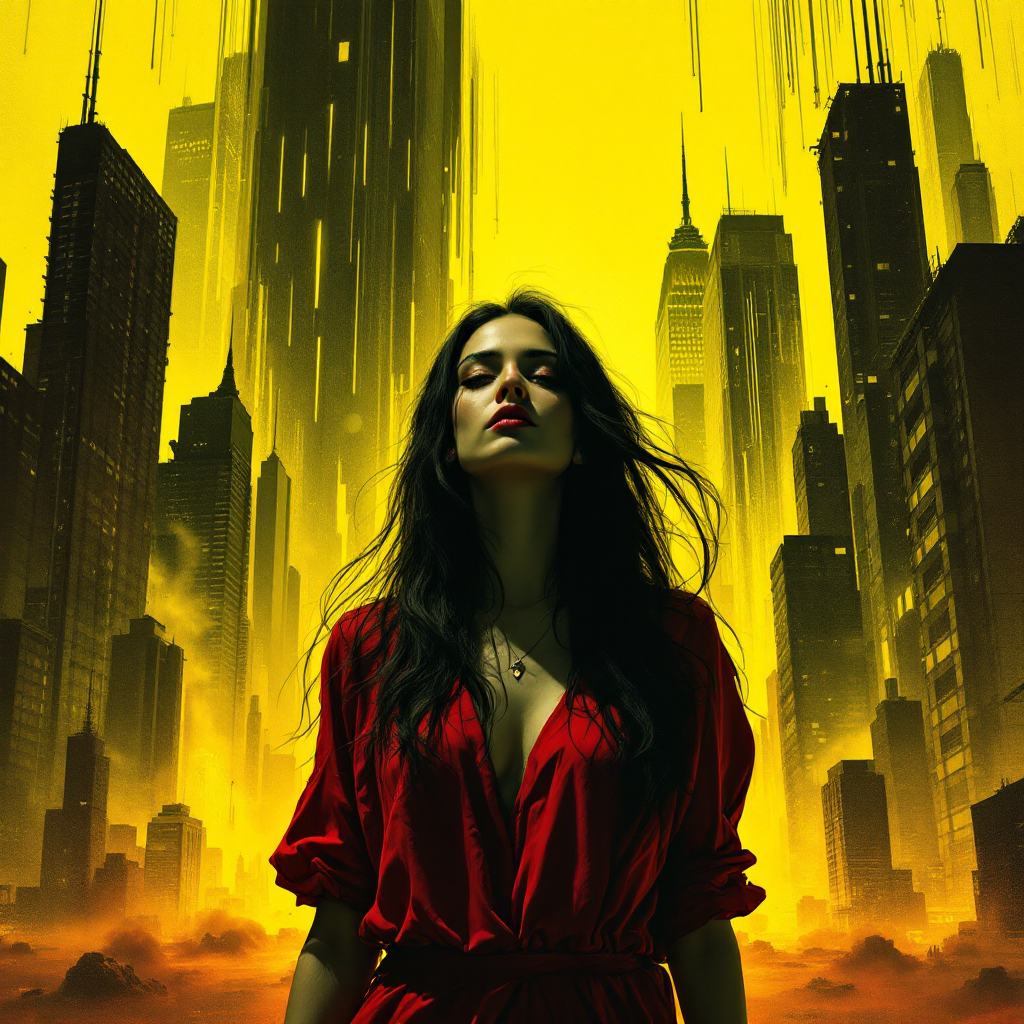 A woman in a striking red dress stands confidently amidst a distorted cityscape, bathed in eerie yellow light, embodying the theme Nothing is ever as it seems.