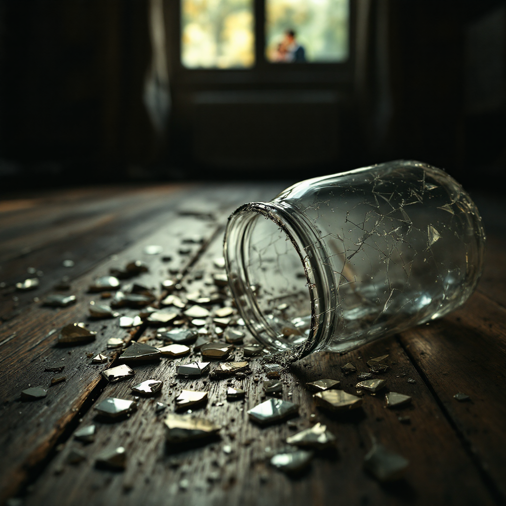 A shattered glass jar lies on a wooden floor, fragments scattered around, evoking the fragility of trust and the impact of broken relationships, with a soft focus on a distant window.